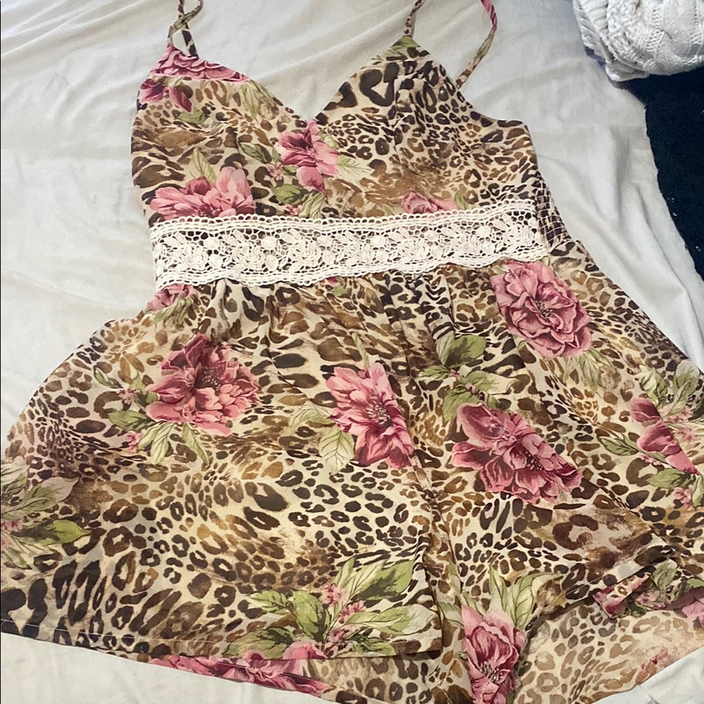 Floral Leopard Print Romper with Lace Detail